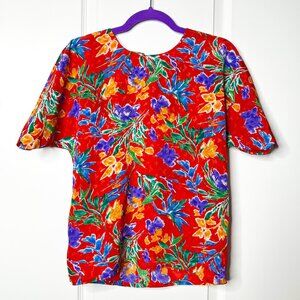 80s/90s Silk Red and Colorful Flowers Nicola Blouse